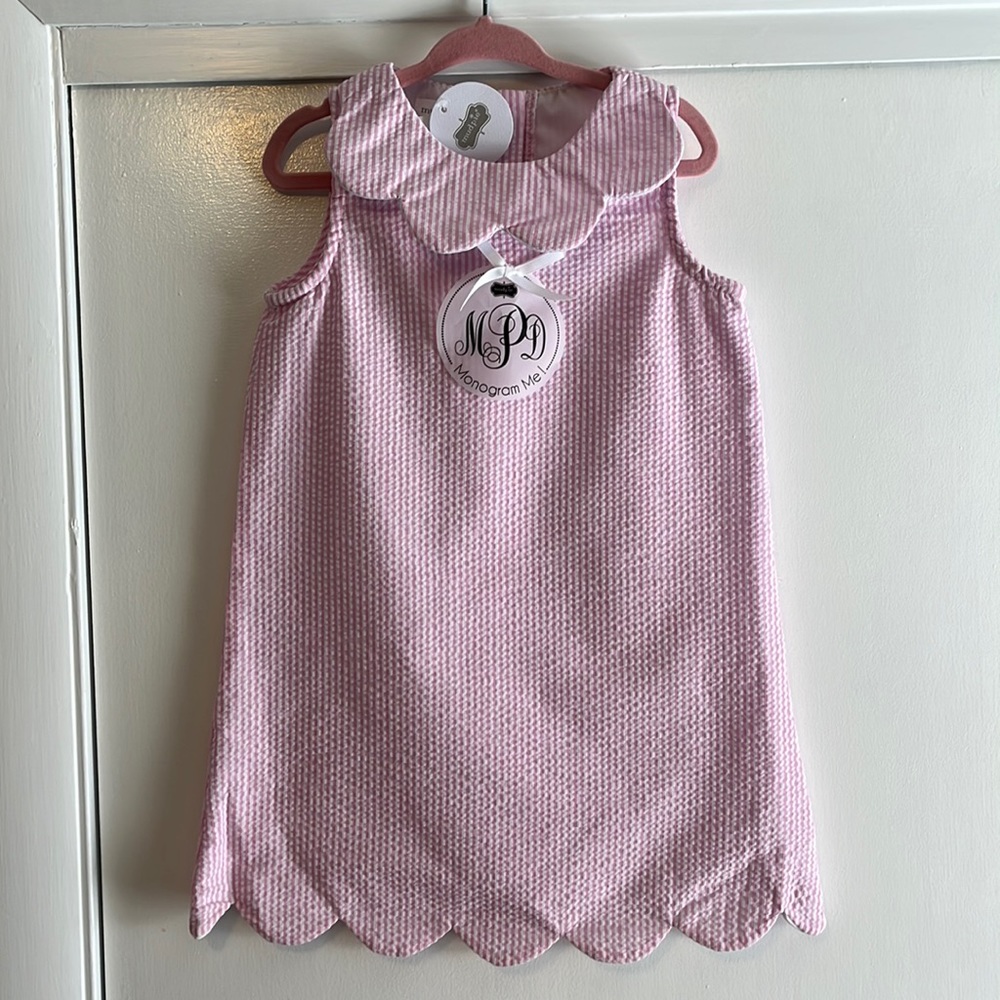 NWT - 4T Mud Pie Scallop Seersucker Dress pink, white